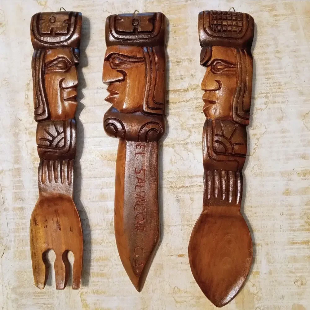 Vtg El Salvador Hand Carved Wood Spoon Fork Knife Set Wall Decor Indigenous Face